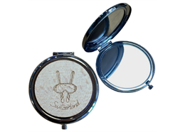 Taschenspiegel mit Holzdeckel, Gravur Switzerland, Ski und Brille