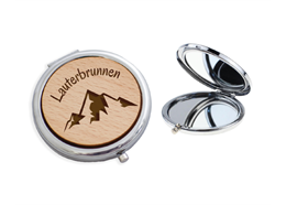 Taschenspiegel mit Holzdeckel, mit Ortnamen Gravur Lauterbrunnen und Berg