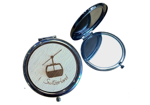 Taschenspiegel mit Holzdeckel, mit Ortnamen Gravur Switzerland und Gondel