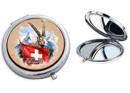 Taschenspiegel mit Holzdeckel, Steinbock, St. Moritz