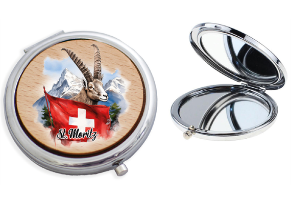 Taschenspiegel mit Holzdeckel, Steinbock, St. Moritz