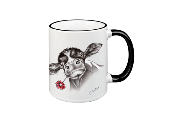 Tasse Kuh mit Blume, schwarz, 330ml